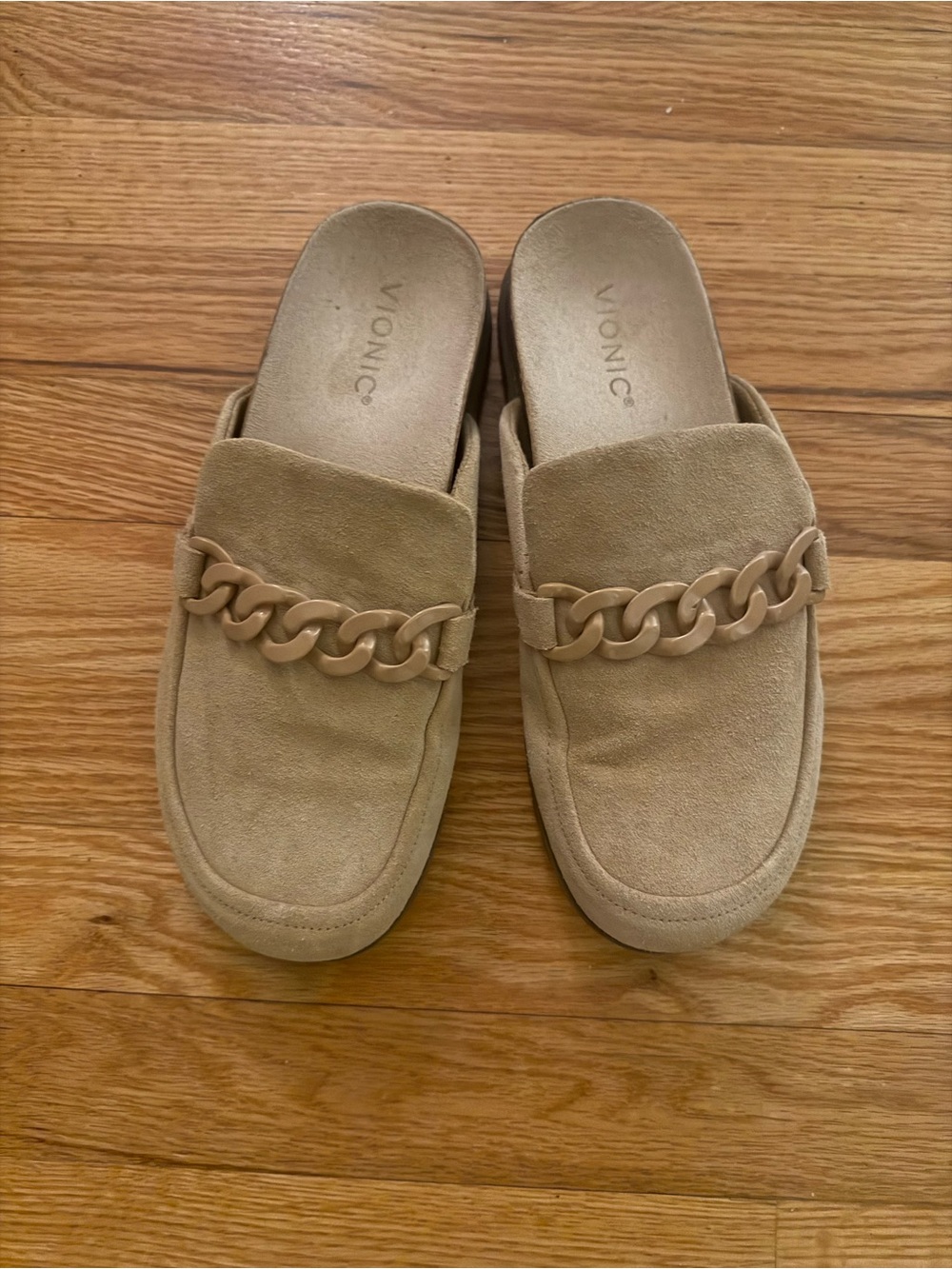 Vionic Beige Suede Chain-Trim Slip-On Mules